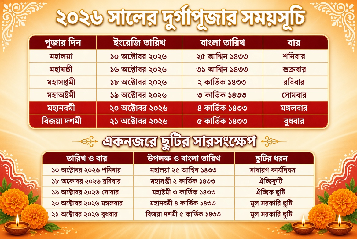 durga pujar chuti 2026 - দুর্গাপূজার ছুটি ২০২৬