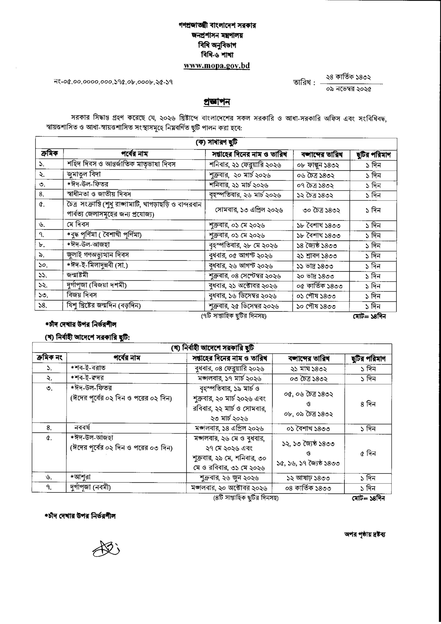 সরকারি ছুটির তালিকা ২০২৬ | Sorkari Chutir Talika 2026