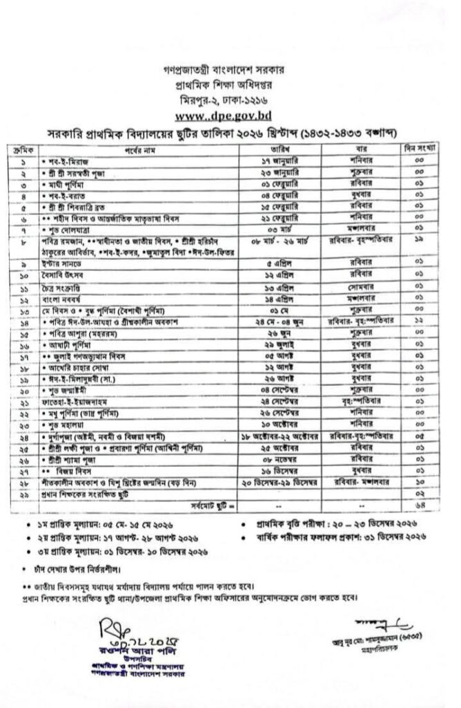 সরকারি প্রাথমিক বিদ্যালয়ের ছুটির তালিকা ২০২৬